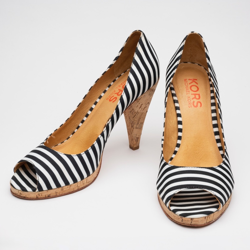Michael Kors Dubois- Black Cabana Stripe peep-toe heels size 8.5